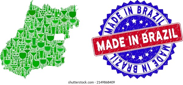 Vektorgrafik des Weins Goias State Karte mit Grunge Bicolor Made in Brasilien Robbe. Rot und blau bicfarbenes Wasserzeichen mit unscharfem Stil und Made in Brasilien Slogan.