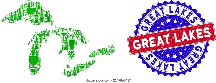 Vector collage of wine Great Lakes map and grunge bicolor Great Lakes seal. Red and blue bicolored badge with grunge texture and Great Lakes word. Great Lakes map collage composed with wine glasses,