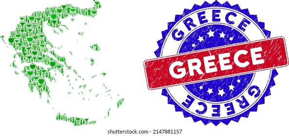 Vector collage of wine Greece map and grunge bicolor Greece seal stamp. Red and blue bicolored seal with scratched surface and Greece phrase. Greece map collage is composed with wine glasses,