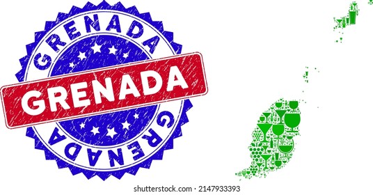 Vector collage of wine Grenada map with grunge bicolor Grenada stamp. Red and blue bicolored watermark with scratched style and Grenada tag. Grenada map collage is created with wine glasses,