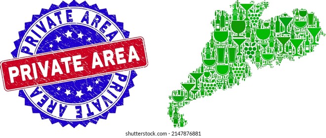 Vector collage of wine Guangdong Province map with grunge bicolor Private Area seal stamp. Red and blue bicolored badge with corroded style and Private Area word.