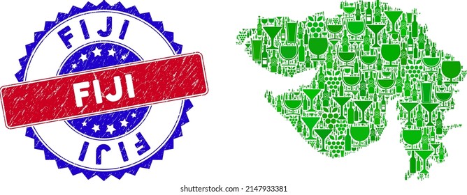 Vector collage of wine Gujarat State map with grunge bicolor Fiji seal stamp. Red and blue bicolored stamp with distress style and Fiji word. Gujarat State map collage is created with wine cups,