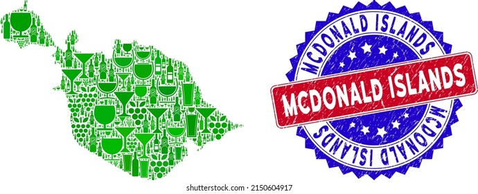 Vector collage of wine Heard and McDonald Islands map with grunge bicolor Mcdonald Islands stamp. Red and blue bicolored stamp with scratched texture and Mcdonald Islands caption.