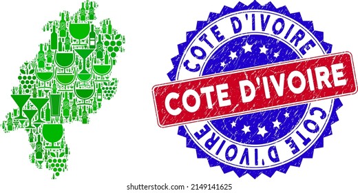 Vector collage of wine Hesse Land map and grunge bicolor Cote D'Ivoire seal stamp. Red and blue bicolored stamp with grunge texture and Cote D'Ivoire phrase.