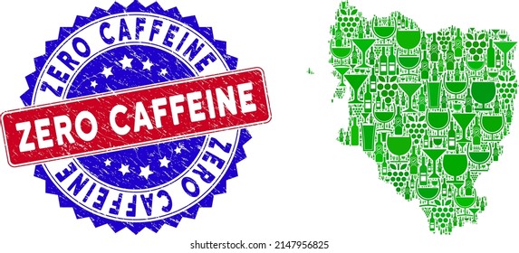 Vector collage of wine Hueska Province map with grunge bicolor Zero Caffeine seal stamp. Red and blue bicolored seal with scratched style and Zero Caffeine slogan.