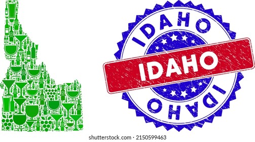 Vektorgrafik von Wein Idaho State Karte mit Grunge bicolor Idaho Siegel Stempel. Roter und blauer, bicfarbener Siegel mit Grunge-Textur und Idaho-Anhänger. Die Kollektion der Landkarte von Idaho besteht aus Weingläsern,