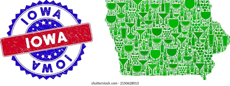 Vector collage of wine Iowa State map and grunge bicolor Iowa seal stamp. Red and blue bicolored stamp with rubber texture and Iowa tag. Iowa State map collage designed with wine cups,