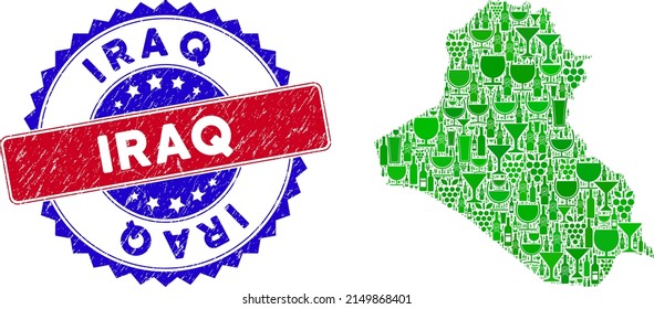 Vector collage of wine Iraq map and grunge bicolor Iraq stamp. Red and blue bicolored watermark with scratched texture and Iraq text. Iraq map collage created with wine glasses,