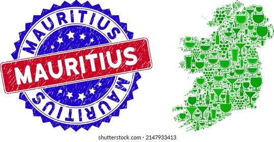 Vector collage of wine Ireland countries map and grunge bicolor Mauritius seal. Red and blue bicolored seal with distress style and Mauritius text.