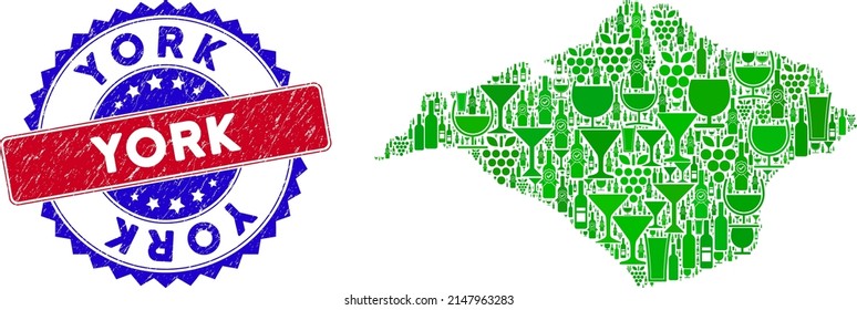 Vector collage of wine Isle of Wight map with grunge bicolor York seal stamp. Red and blue bicolored seal with rubber texture and York tag. Isle of Wight map collage is formed with wine glasses,