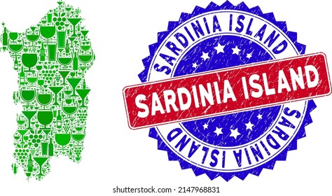 Vector collage of wine Italian Sardinia Island map and grunge bicolor Sardinia Island seal. Red and blue bicolored imprint with scratched texture and Sardinia Island phrase.