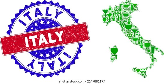 Vector collage of wine Italy map and grunge bicolor Italy seal. Red and blue bicolored seal with rubber style and Italy tag. Italy map collage designed with wine cups, green bottles and grape berries.