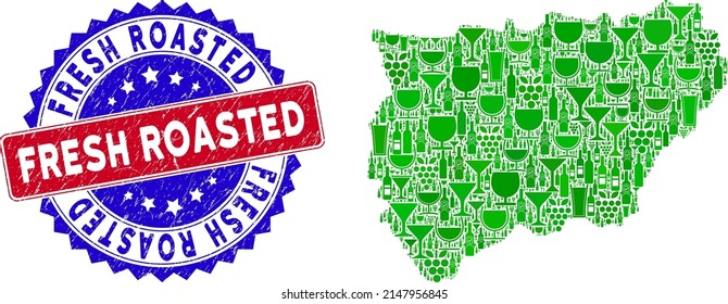 Vector collage of wine Jaen Spanish Province map and grunge bicolor Fresh Roasted stamp. Red and blue bicolored stamp with grunge style and Fresh Roasted phrase.