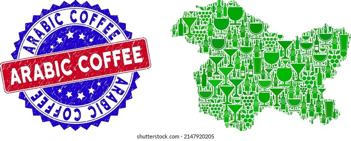 Vector collage of wine Jammu and Kashmir State map with grunge bicolor Arabic Coffee stamp. Red and blue bicolored stamp with grunge style and Arabic Coffee word.