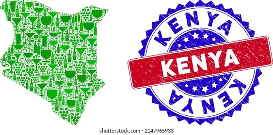 Vector collage of wine Kenya map and grunge bicolor Kenya seal stamp. Red and blue bicolored stamp with corroded style and Kenya tag. Kenya map collage is formed with wine cups,