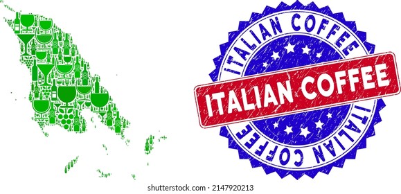 Vector collage of wine Koh Chang map and grunge bicolor Italian Coffee stamp. Red and blue bicolored stamp with grunge style and Italian Coffee caption. Koh Chang map collage is formed with wine cups,