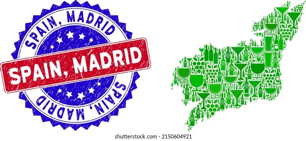 Vector collage of wine La Coruna Province map with grunge bicolor Spain, Madrid seal stamp. Red and blue bicolored seal with scratched surface and Spain, Madrid phrase.