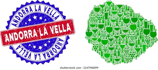 Vector collage of wine La Gomera Island map with grunge bicolor Andorra La Vella seal stamp. Red and blue bicolored seal with corroded surface and Andorra La Vella phrase.