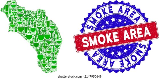 Vector collage of wine La Rioja of Argentina map and grunge bicolor Smoke Area seal stamp. Red and blue bicolored imprint with grunge texture and Smoke Area slogan.