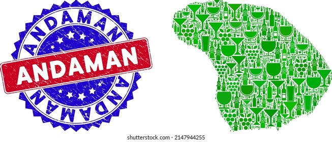 Vector collage of wine Lanai Island map and grunge bicolor Andaman seal stamp. Red and blue bicolored stamp with grunge style and Andaman tag. Lanai Island map collage composed with wine glasses,