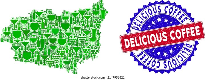 Vector collage of wine Leon Province map with grunge bicolor Delicious Coffee seal. Red and blue bicolored watermark with grunge surface and Delicious Coffee slogan.