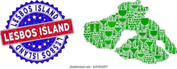 Vector collage of wine Lesbos Island map and grunge bicolor Lesbos Island seal. Red and blue bicolored badge with grunge style and Lesbos Island slogan.