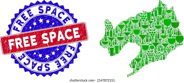 Vector collage of wine Liaoning Province map and grunge bicolor Free Space stamp. Red and blue bicolored seal with unclean style and Free Space caption.