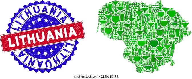 Vector collage of wine Lithuania map and grunge bicolor Lithuania seal. Red and blue bicolored badge with distress style and Lithuania phrase. Lithuania map collage formed with wine cups,