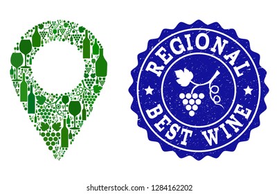 Vector collage of wine local map marker and best grape wine grunge stamp. Local map marker collage formed with bottles and grape berries bunches.