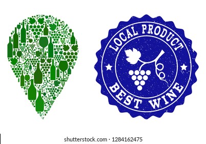 Vector collage of wine local place and best grape wine grunge stamp. Local place collage created with bottles and grape berries bunches.