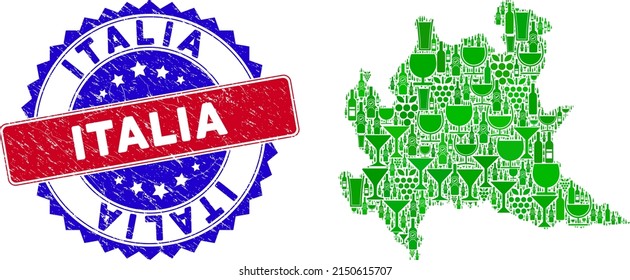 Vector collage of wine Lombardy region map and grunge bicolor Italia seal. Red and blue bicolored seal with grunge surface and Italia slogan. Lombardy region map collage is created with wine glasses,
