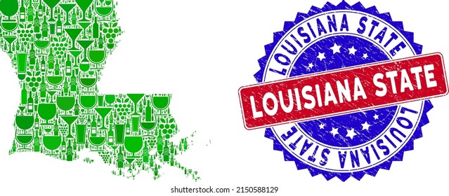 Vector collage of wine Louisiana State map and grunge bicolor Louisiana State seal stamp. Red and blue bicolored stamp with scratched surface and Louisiana State slogan.