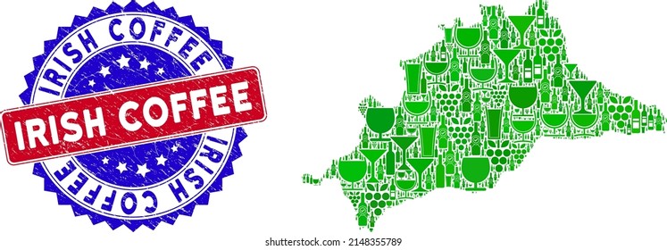 Vector collage of wine Malaga Province map and grunge bicolor Irish Coffee seal. Red and blue bicolored seal with grunge surface and Irish Coffee phrase.