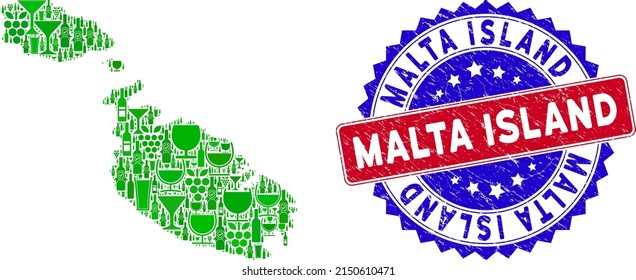 Vector collage of wine Malta Island map with grunge bicolor Malta Island seal. Red and blue bicolored badge with grunge style and Malta Island text. Malta Island map collage is formed with wine cups,