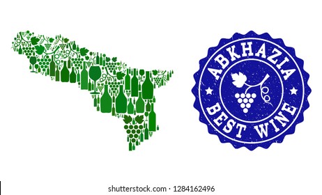 Vector collage of wine map of Abkhazia and best grape wine grunge seal stamp. Map of Abkhazia collage created with bottles and grape berries bunches.