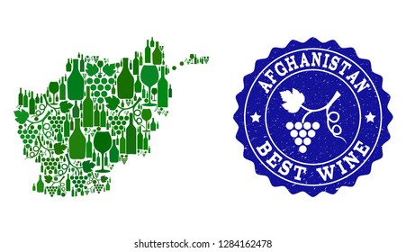 Vector collage of wine map of Afghanistan and best grape wine grunge seal stamp. Map of Afghanistan collage created with bottles and grape berries bunches.