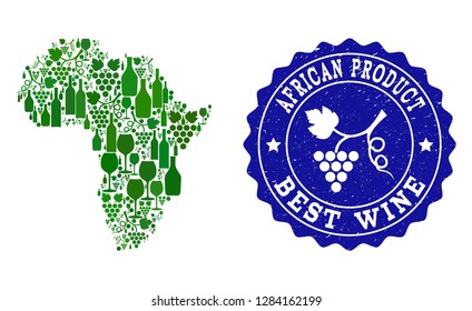 Vector collage of wine map of Africa and best grape wine grunge stamp. Map of Africa collage designed with bottles and grape berries bunches.