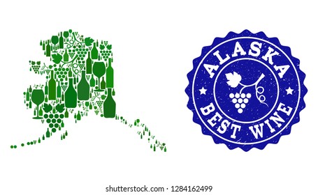 Vector collage of wine map of Alaska State and best grape wine grunge watermark. Map of Alaska State collage composed with bottles and grape berries bunches.