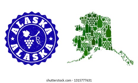 Vector collage of wine map of Alaska State and grape grunge seal stamp. Map of Alaska State collage designed with bottles and grape berries bunches.
