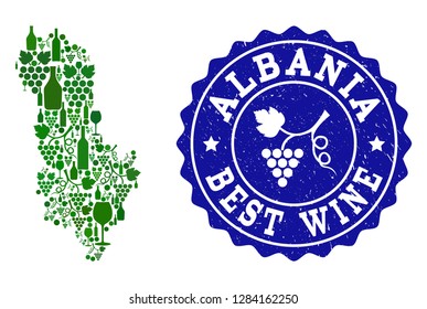 Vector collage of wine map of Albania and best grape wine grunge seal stamp. Map of Albania collage created with bottles and grape berries bunches.