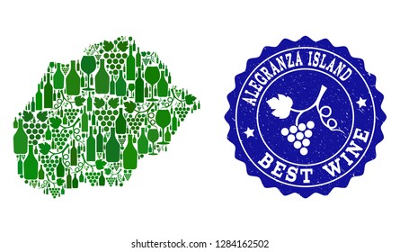 Vector collage of wine map of Alegranza Island and best grape wine grunge seal. Map of Alegranza Island collage formed with bottles and grape berries bunches.