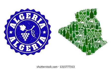 Vector collage of wine map of Algeria and grape grunge stamp. Map of Algeria collage composed with bottles and grape berries bunches.