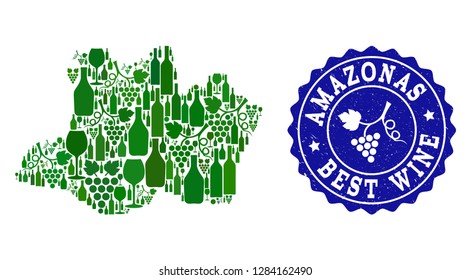 Vector collage of wine map of Amazonas State and best grape wine grunge stamp. Map of Amazonas State collage designed with bottles and grape berries bunches.