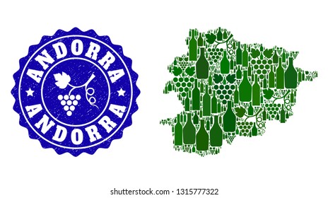Vector collage of wine map of Andorra and grape grunge stamp. Map of Andorra collage created with bottles and grape berries bunches.