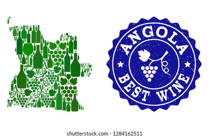 Vector collage of wine map of Angola and best grape wine grunge watermark. Map of Angola collage formed with bottles and grape berries bunches.