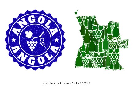 Vector collage of wine map of Angola and grape grunge seal stamp. Map of Angola collage composed with bottles and grape berries bunches.