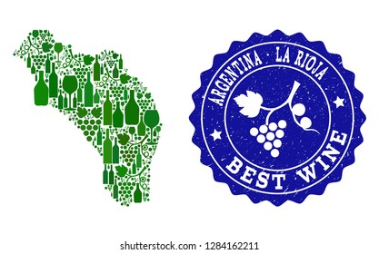Vector collage of wine map of Argentina - La Rioja and best grape wine grunge stamp. Map of Argentina - La Rioja collage designed with bottles and grape berries bunches.