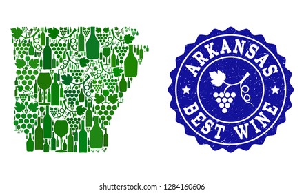 Vector collage of wine map of Arkansas State and best grape wine grunge seal stamp. Map of Arkansas State collage formed with bottles and grape berries bunches.