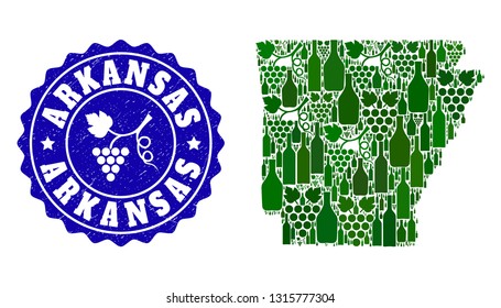 Vector collage of wine map of Arkansas State and grape grunge stamp. Map of Arkansas State collage formed with bottles and grape berries bunches.
