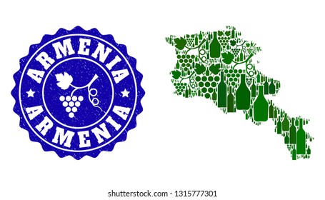 Vector collage of wine map of Armenia and grape grunge seal. Map of Armenia collage created with bottles and grape berries bunches.